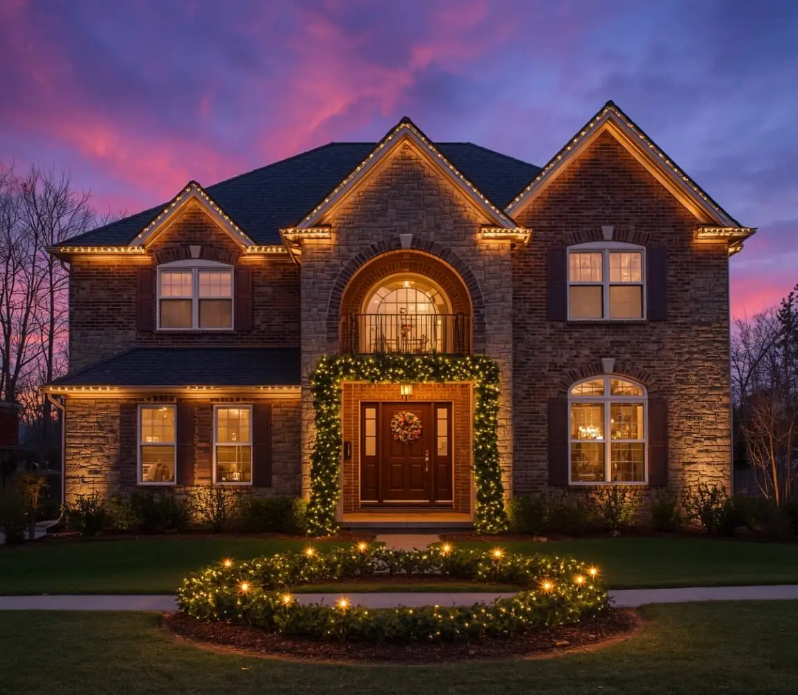 A two-story brick and stone luxury house at dusk, fully decorated with bright warm white C9 Christmas lights outlining every roof peak, archway, and window line, with a lit evergreen garland framing the front entrance under a pink and purple sunset sky.